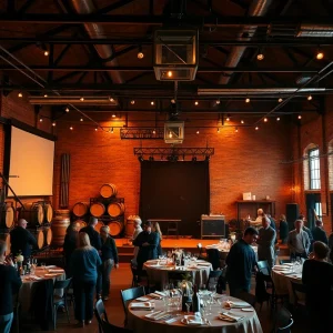 Interior of City Winery Nashville showing stage, wine barrels, tables and warm lighting set for a private event