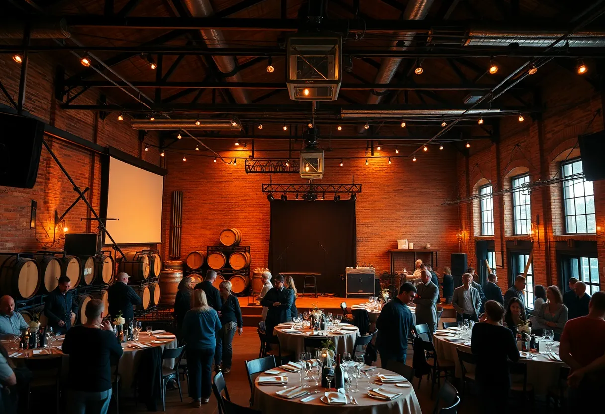 Interior of City Winery Nashville showing stage, wine barrels, tables and warm lighting set for a private event