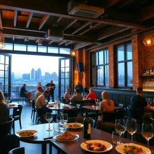 Interior view of City Winery Nashville with intimate concert seating, tables with wine glasses, and rooftop skyline visible at dusk