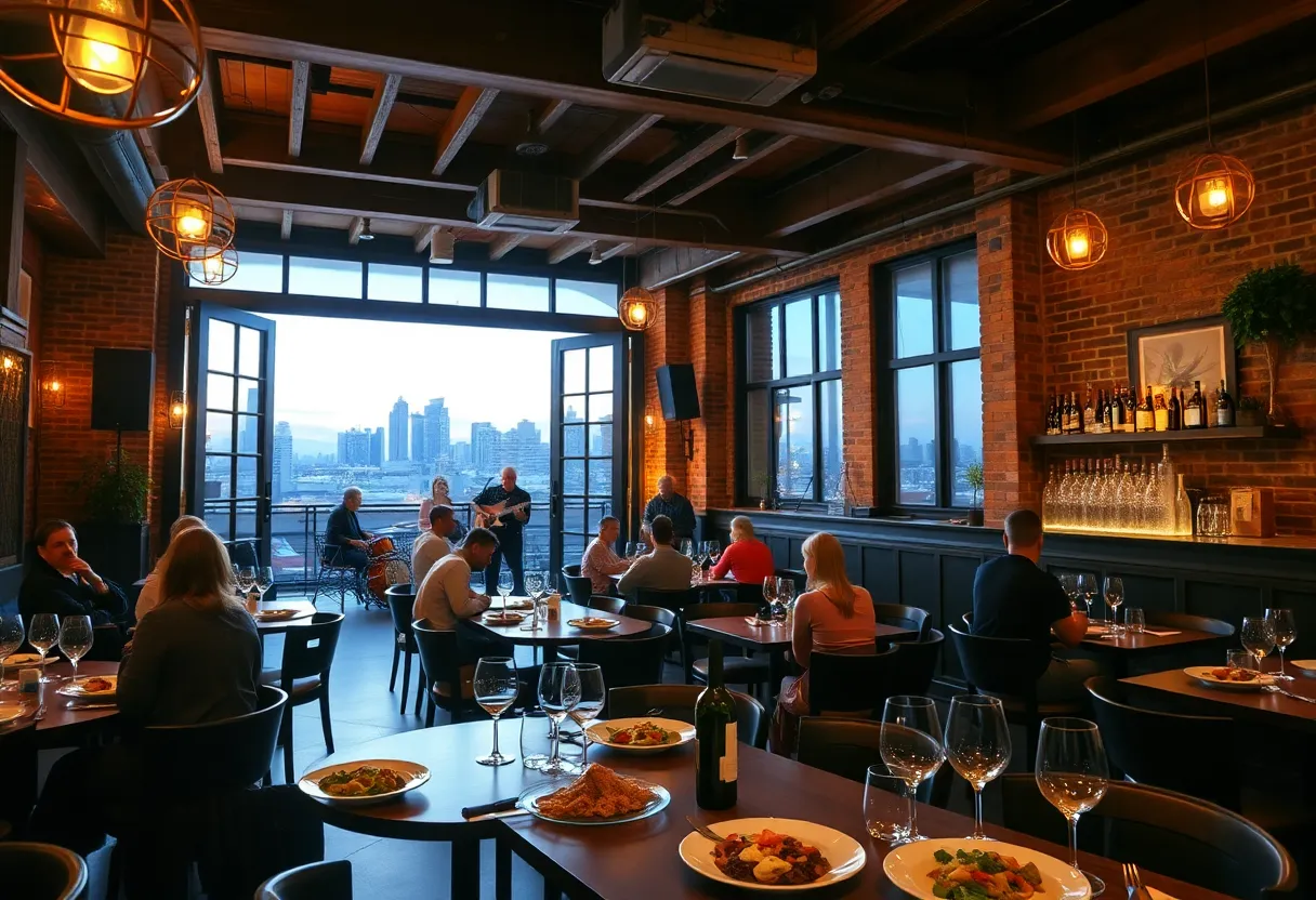 Interior view of City Winery Nashville with intimate concert seating, tables with wine glasses, and rooftop skyline visible at dusk