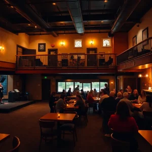 Interior of City Winery Nashville showing stage, main floor seating, mezzanine tables and balcony