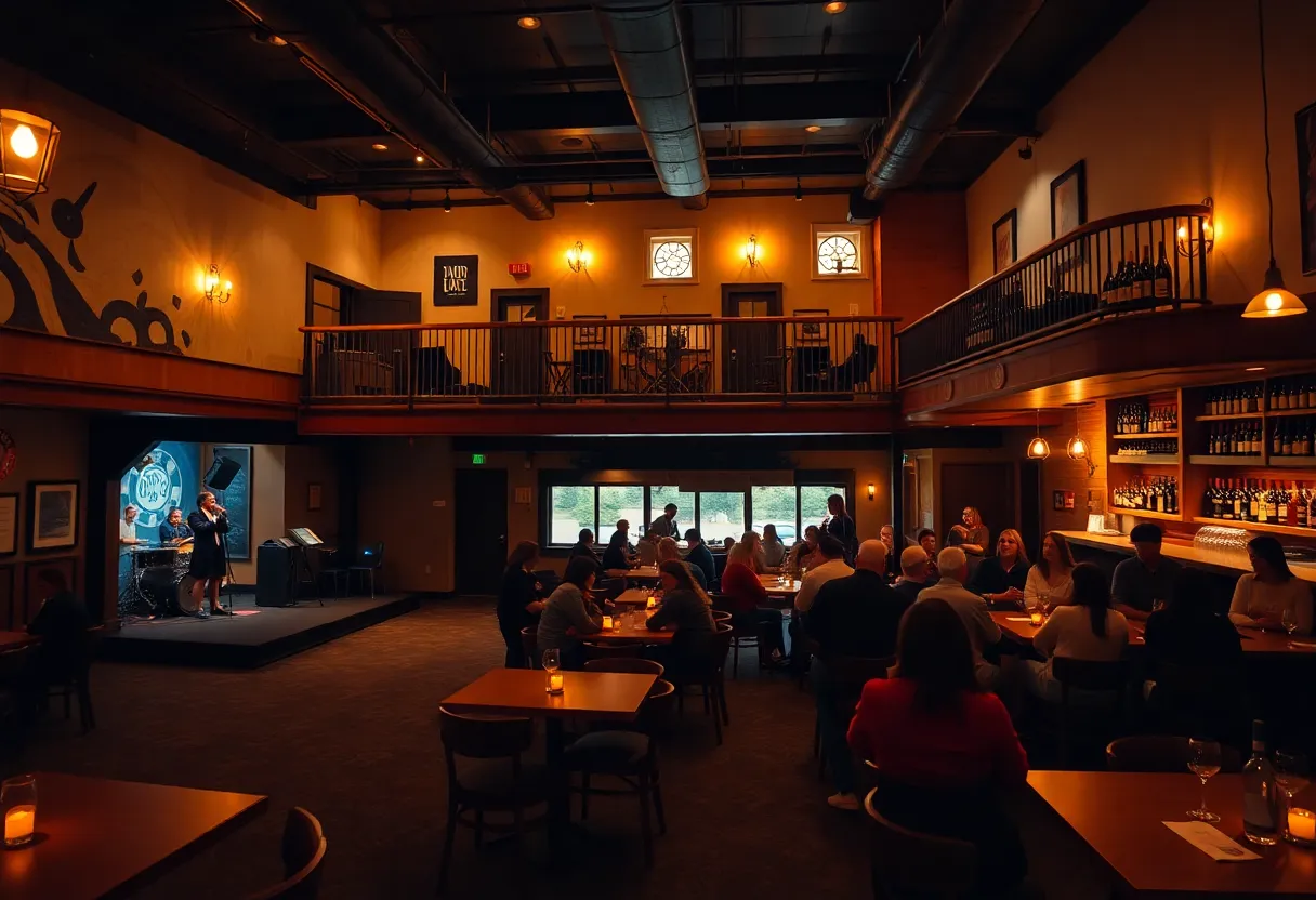 Interior of City Winery Nashville showing stage, main floor seating, mezzanine tables and balcony