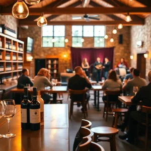 Interior of City Winery Nashville tasting room with wine glasses, bottles, and a small live-music stage