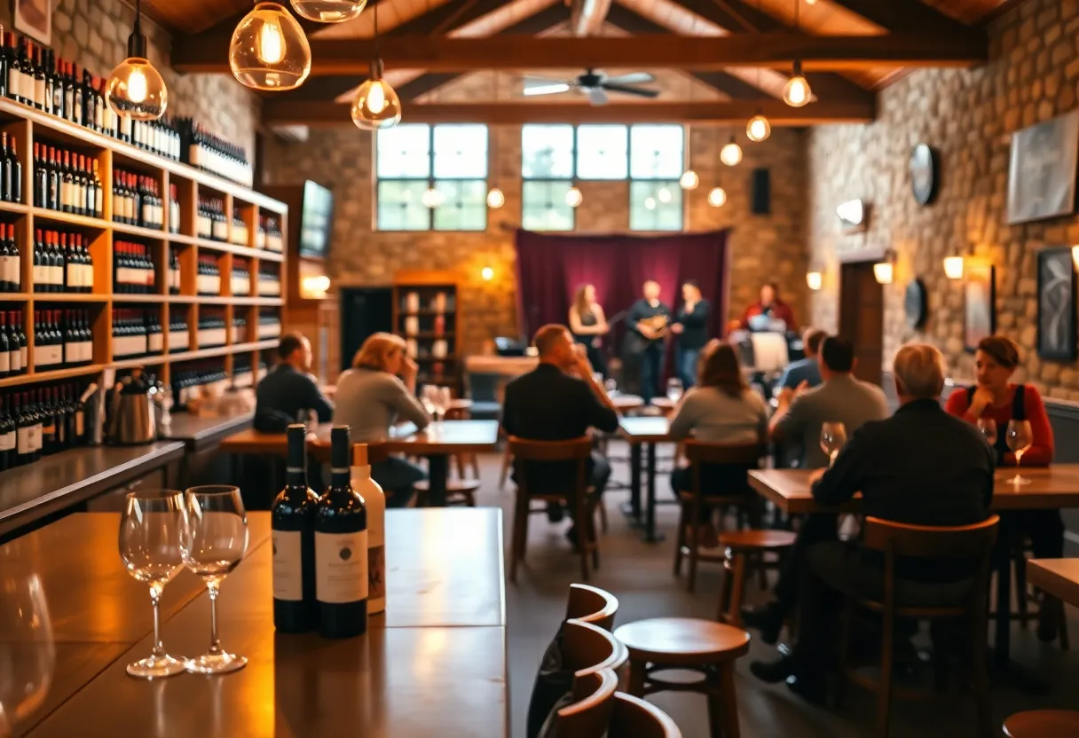 Interior of City Winery Nashville tasting room with wine glasses, bottles, and a small live-music stage