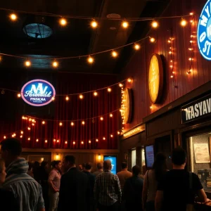Interior of City Winery Nashville with warm lights, stage and people queuing at the box office