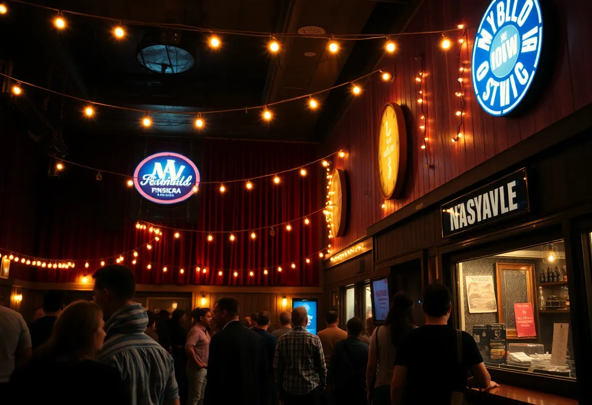 Interior of City Winery Nashville with warm lights, stage and people queuing at the box office