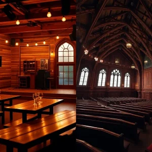 Split interior view: cozy City Winery music room with wooden tables and wine glasses beside historic Ryman Auditorium pews and stained-glass windows
