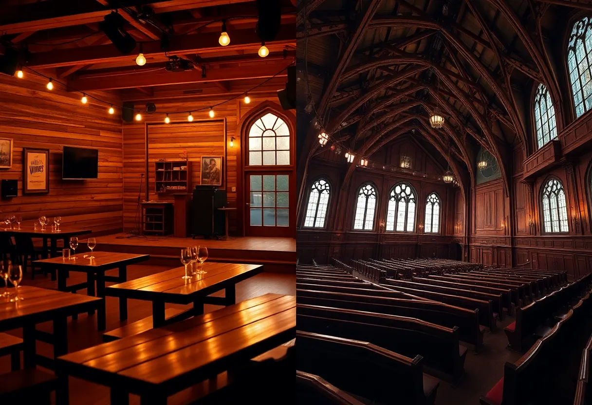 Split interior view: cozy City Winery music room with wooden tables and wine glasses beside historic Ryman Auditorium pews and stained-glass windows