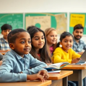 Diverse classroom with students engaged in learning activities.