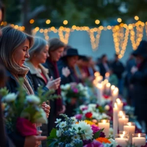 A memorial service honoring Murrell Ayers Hubbard with flowers and candles.