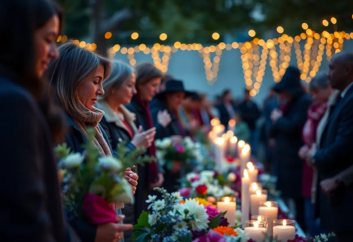 A memorial service honoring Murrell Ayers Hubbard with flowers and candles.