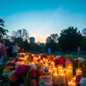 Community members gather to honor Katherine Ann Eadler with flowers and candles.