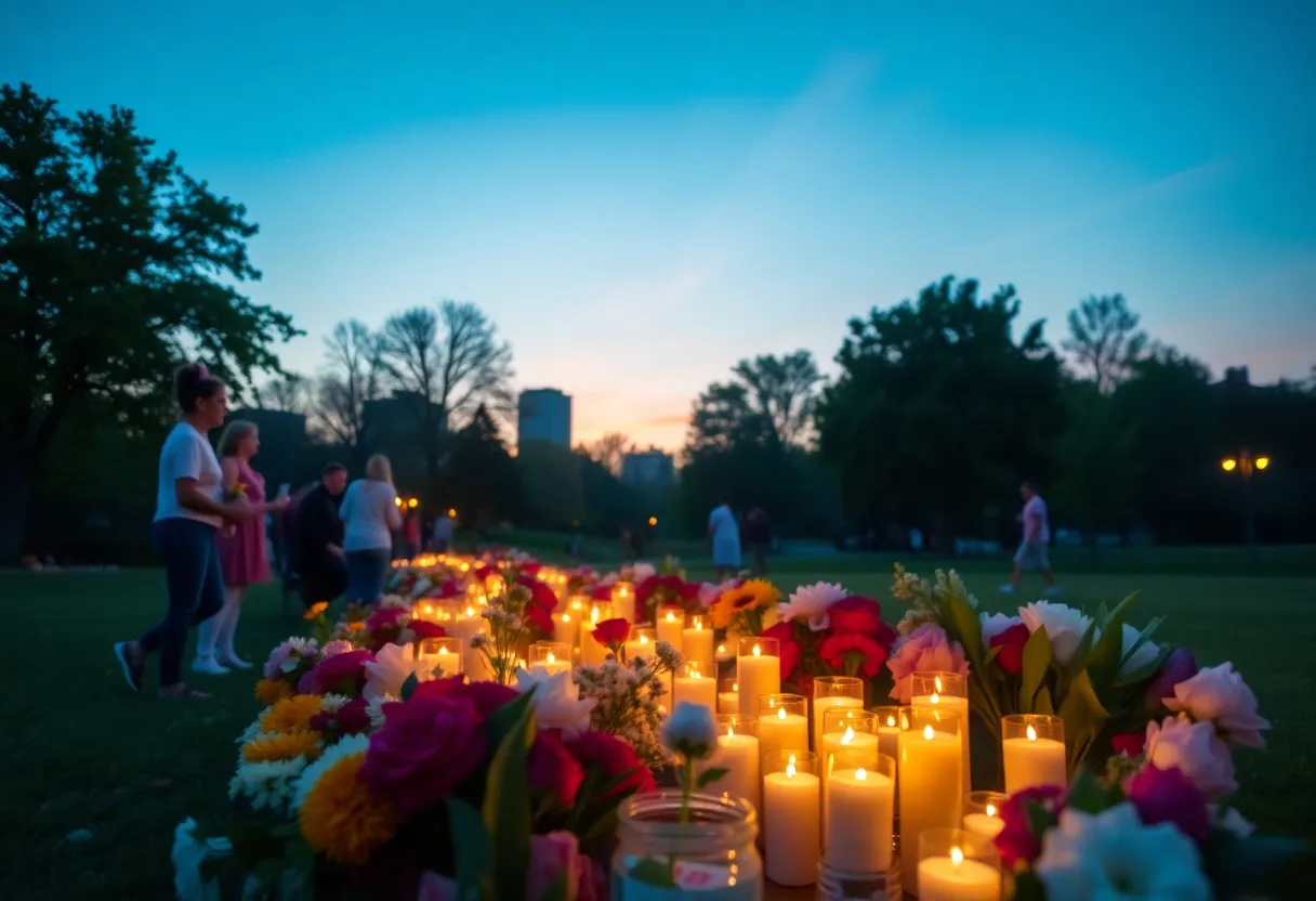 Community members gather to honor Katherine Ann Eadler with flowers and candles.