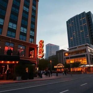 Two Nashville hotels at dusk showing a Midtown boutique with warm lounge lighting and a downtown high-rise with rooftop bar and skyline
