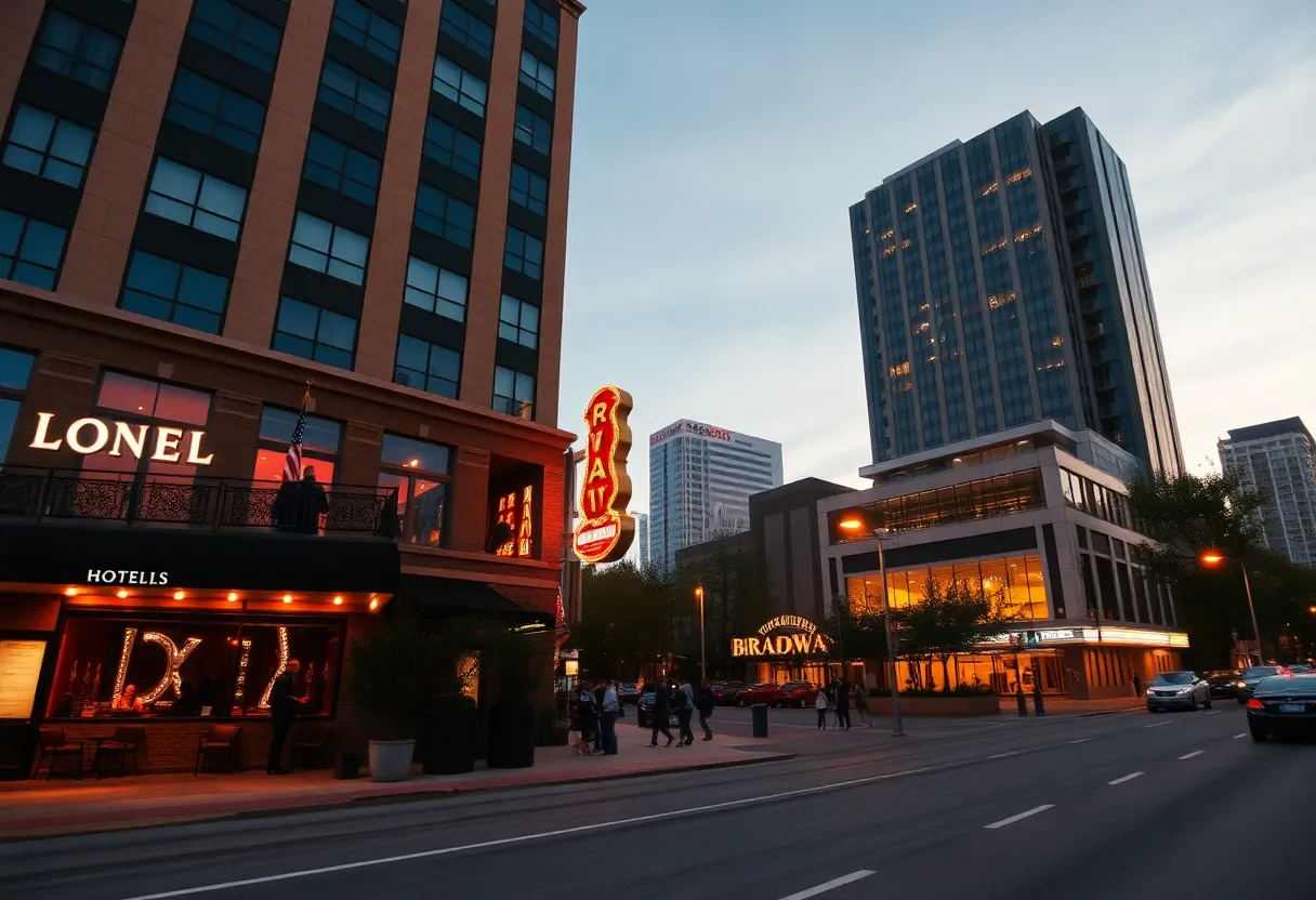 Two Nashville hotels at dusk showing a Midtown boutique with warm lounge lighting and a downtown high-rise with rooftop bar and skyline