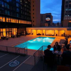Exterior of a modern downtown Nashville hotel at dusk showing terrace, outdoor pool, valet area and EV charging station