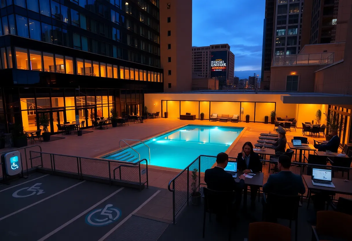 Exterior of a modern downtown Nashville hotel at dusk showing terrace, outdoor pool, valet area and EV charging station