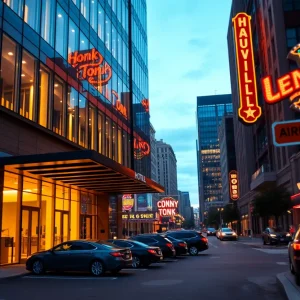 Exterior of a luxury Nashville hotel at dusk with lit windows and valet area