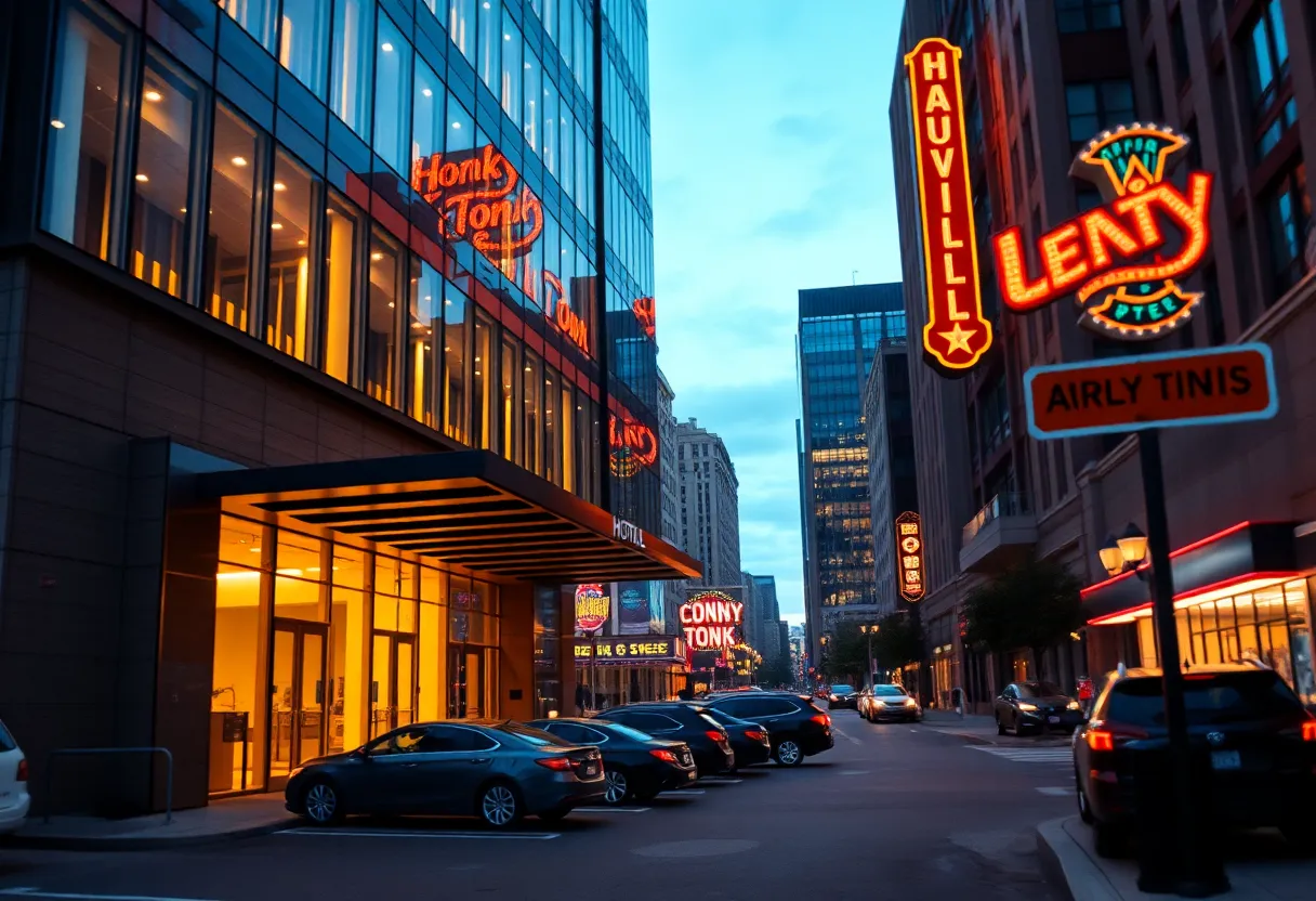 Exterior of a luxury Nashville hotel at dusk with lit windows and valet area