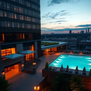 Conrad Nashville hotel exterior with illuminated rooftop pool and cabanas at dusk