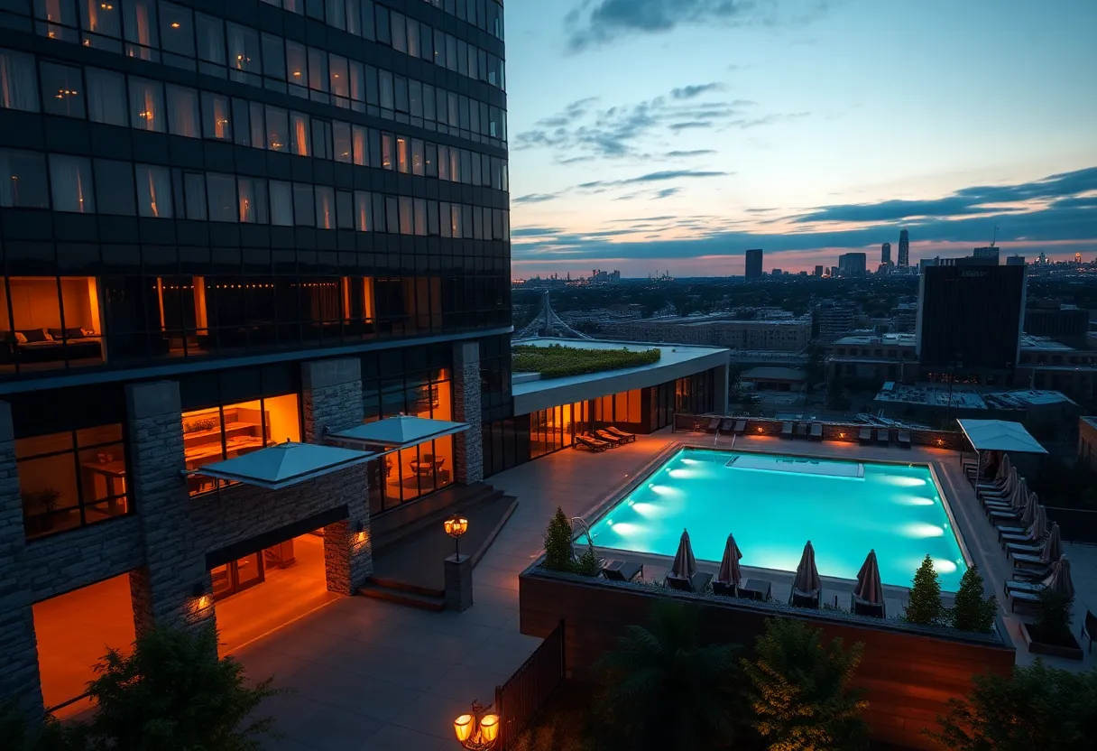 Conrad Nashville hotel exterior with illuminated rooftop pool and cabanas at dusk