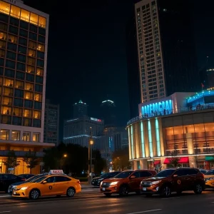 Downtown Nashville with Conrad and Omni hotels near the arena at night showing luxury calm and lively rooftop pool