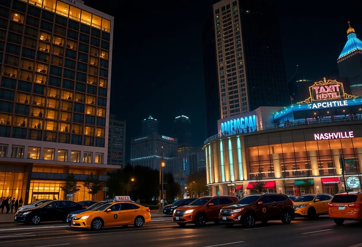 Downtown Nashville with Conrad and Omni hotels near the arena at night showing luxury calm and lively rooftop pool