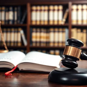 Abstract representation of a courtroom with justice themes.