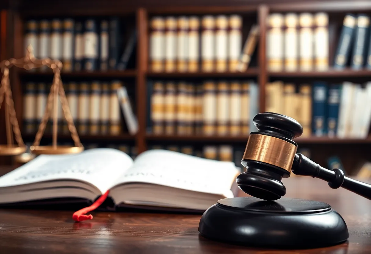 Abstract representation of a courtroom with justice themes.