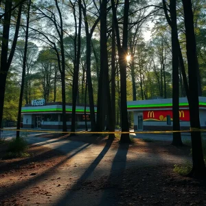 Wooded area near fast food restaurants with police presence