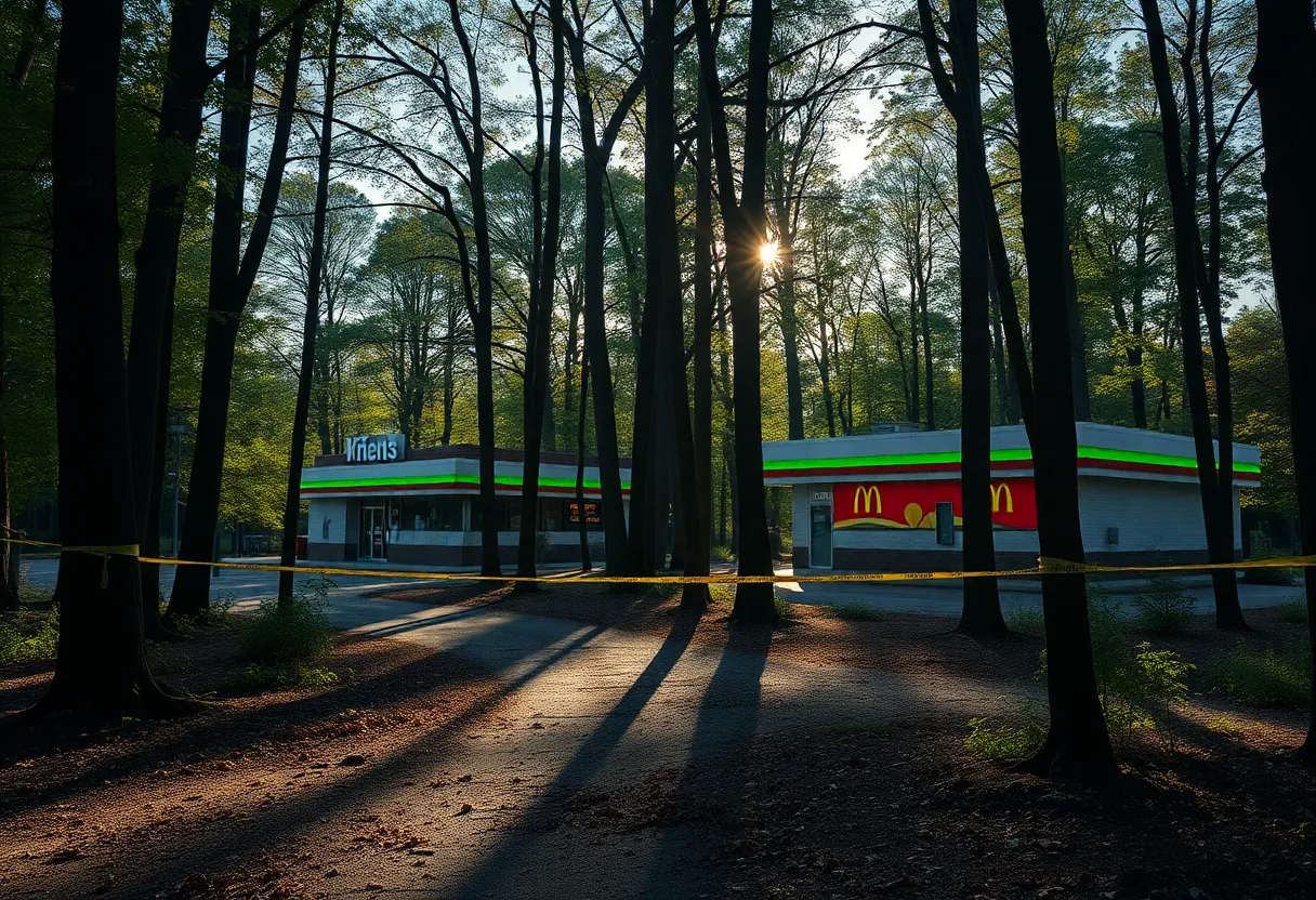 Wooded area near fast food restaurants with police presence
