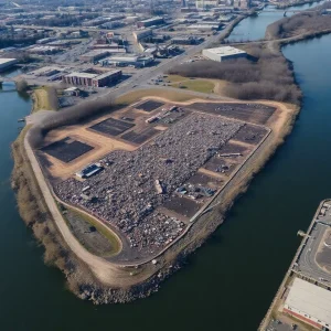 Aerial view of a scrapyard site in downtown Nashville
