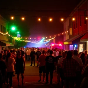 Block party scene in East Nashville with emergency lights