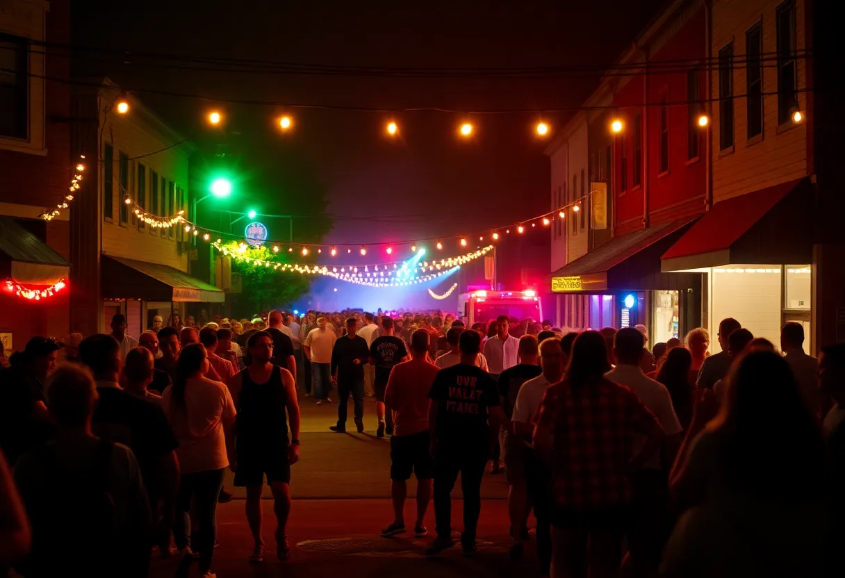 Block party scene in East Nashville with emergency lights