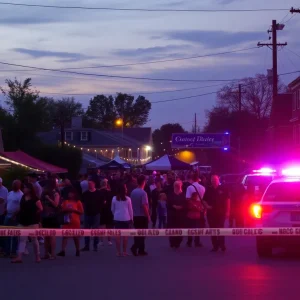Scene of a block party in East Nashville with police presence after a shooting incident.