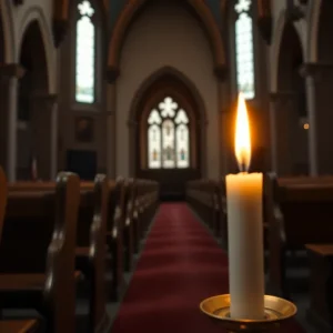 Empty church interior with candlelight
