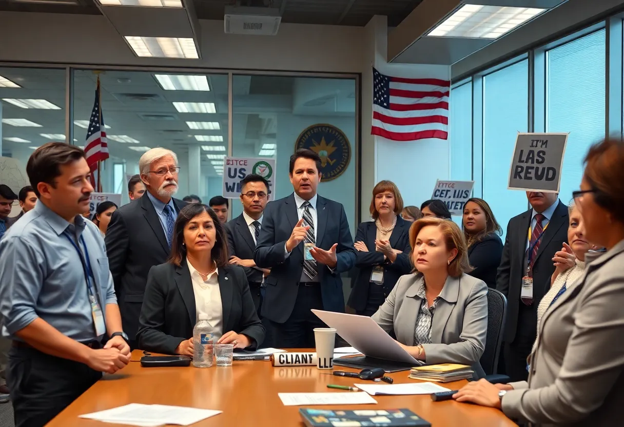 Federal employees discussing concerns about union rights and labor agreements.