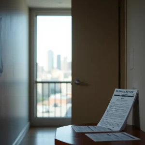 Eviction notice taped to an apartment door with tenant documents and legal aid flyers nearby