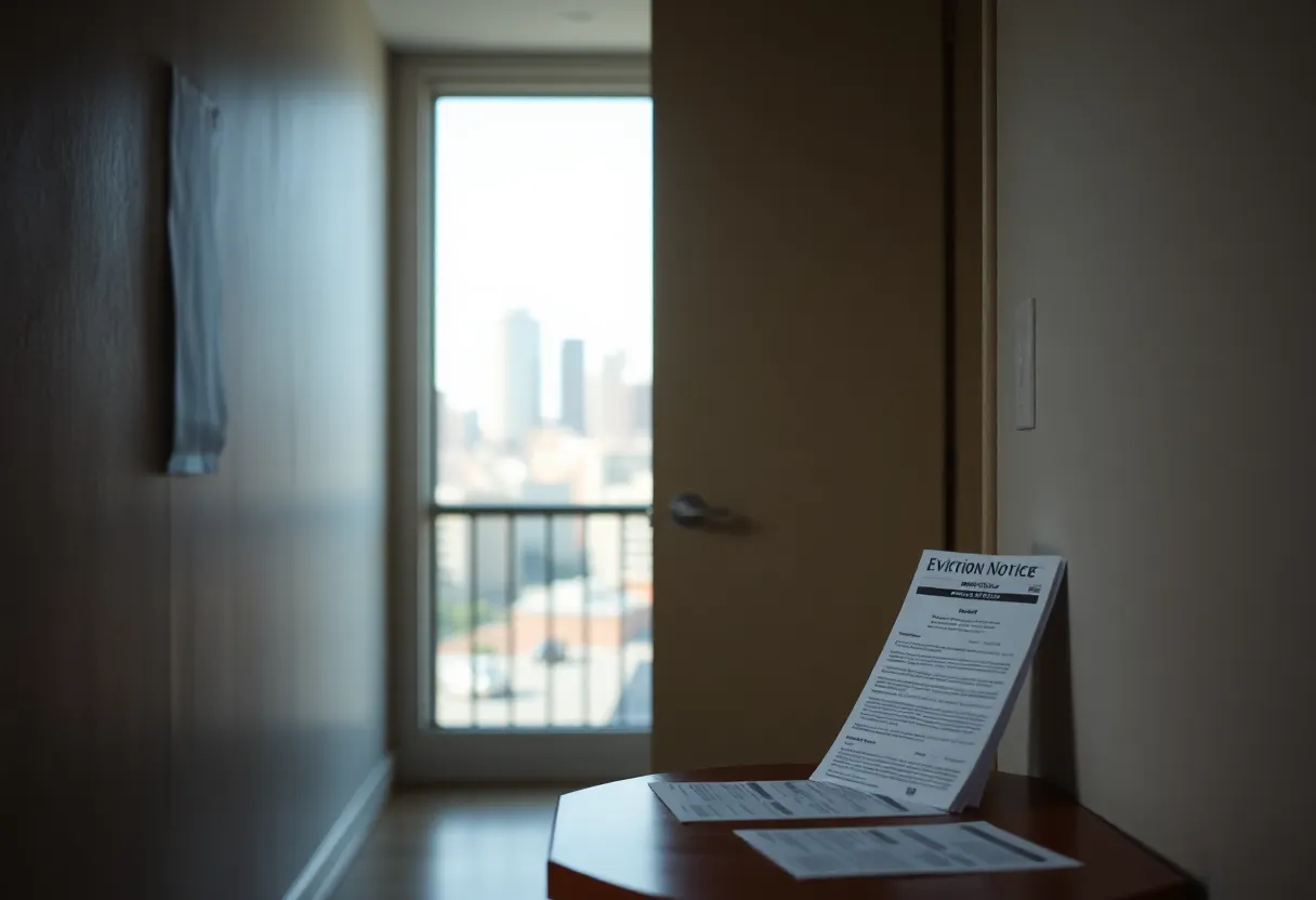 Eviction notice taped to an apartment door with tenant documents and legal aid flyers nearby