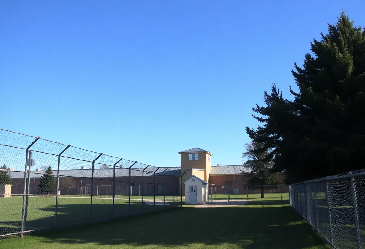 A scenic view of a Federal Prison Camp with greenery and buildings