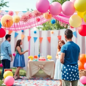 A lively gender reveal party with balloons and decorations