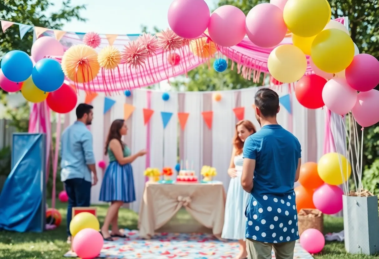 A lively gender reveal party with balloons and decorations