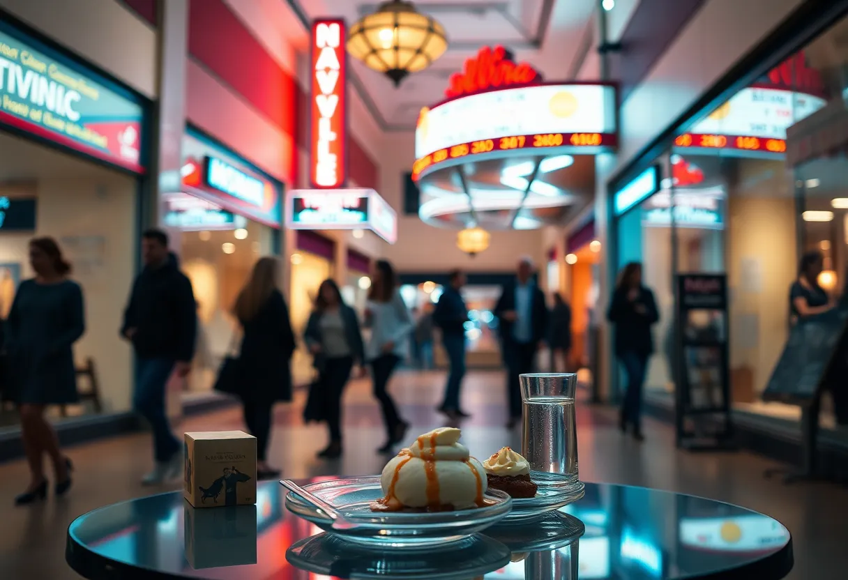 Couples strolling and dining inside The Mall at Green Hills under warm evening lights