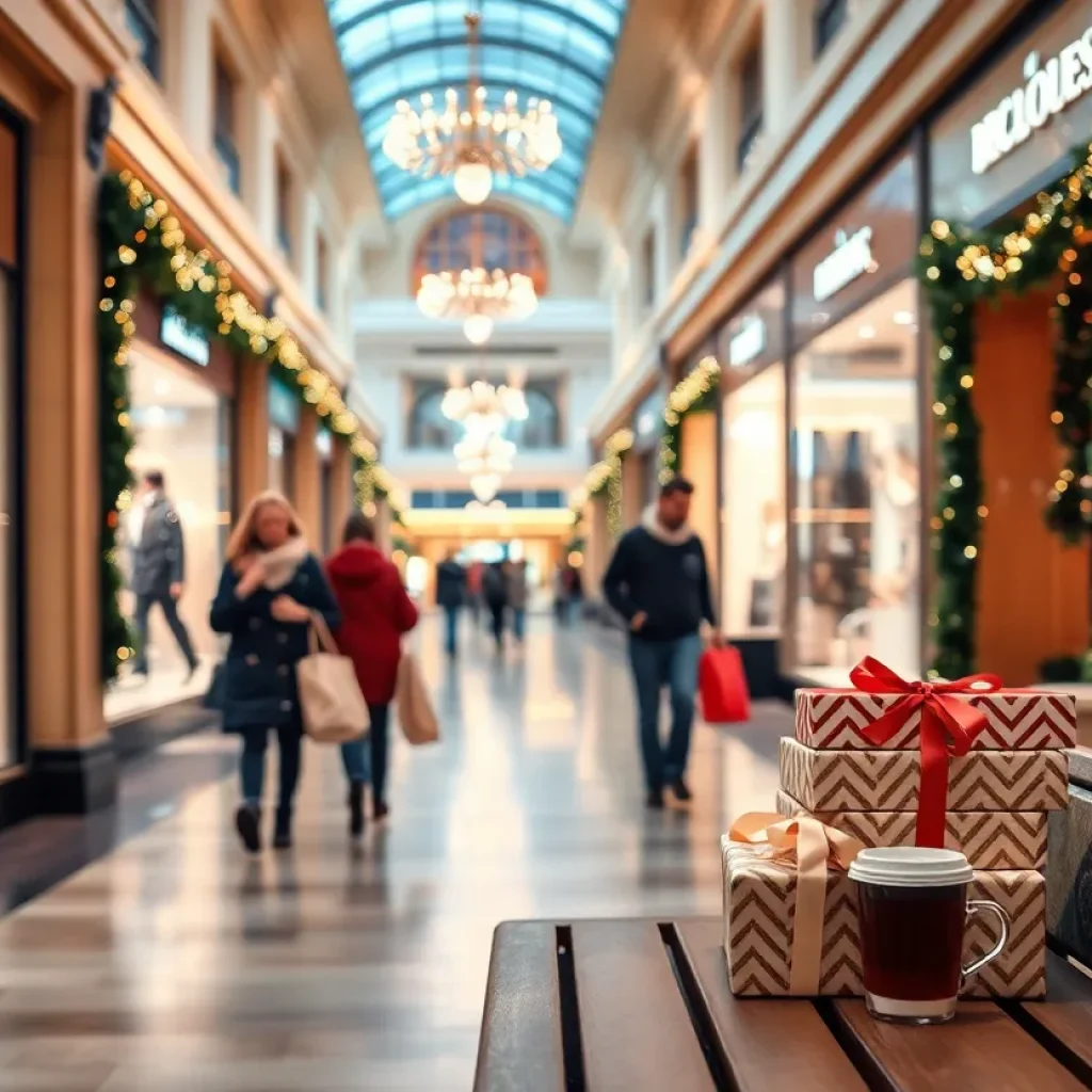 Shoppers with gift bags in a decorated mall corridor at The Mall at Green Hills