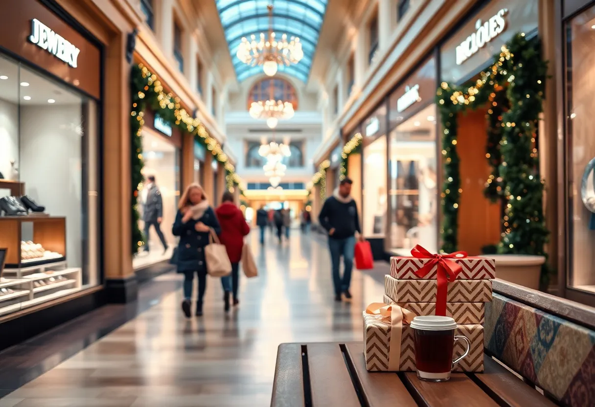 Shoppers with gift bags in a decorated mall corridor at The Mall at Green Hills