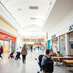 Interior of The Mall at Green Hills showing wide walkways, a play area, candy shop and family dining
