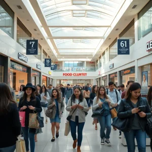 Interior view of a bustling shopping mall with shoppers browsing clearance racks and storefronts