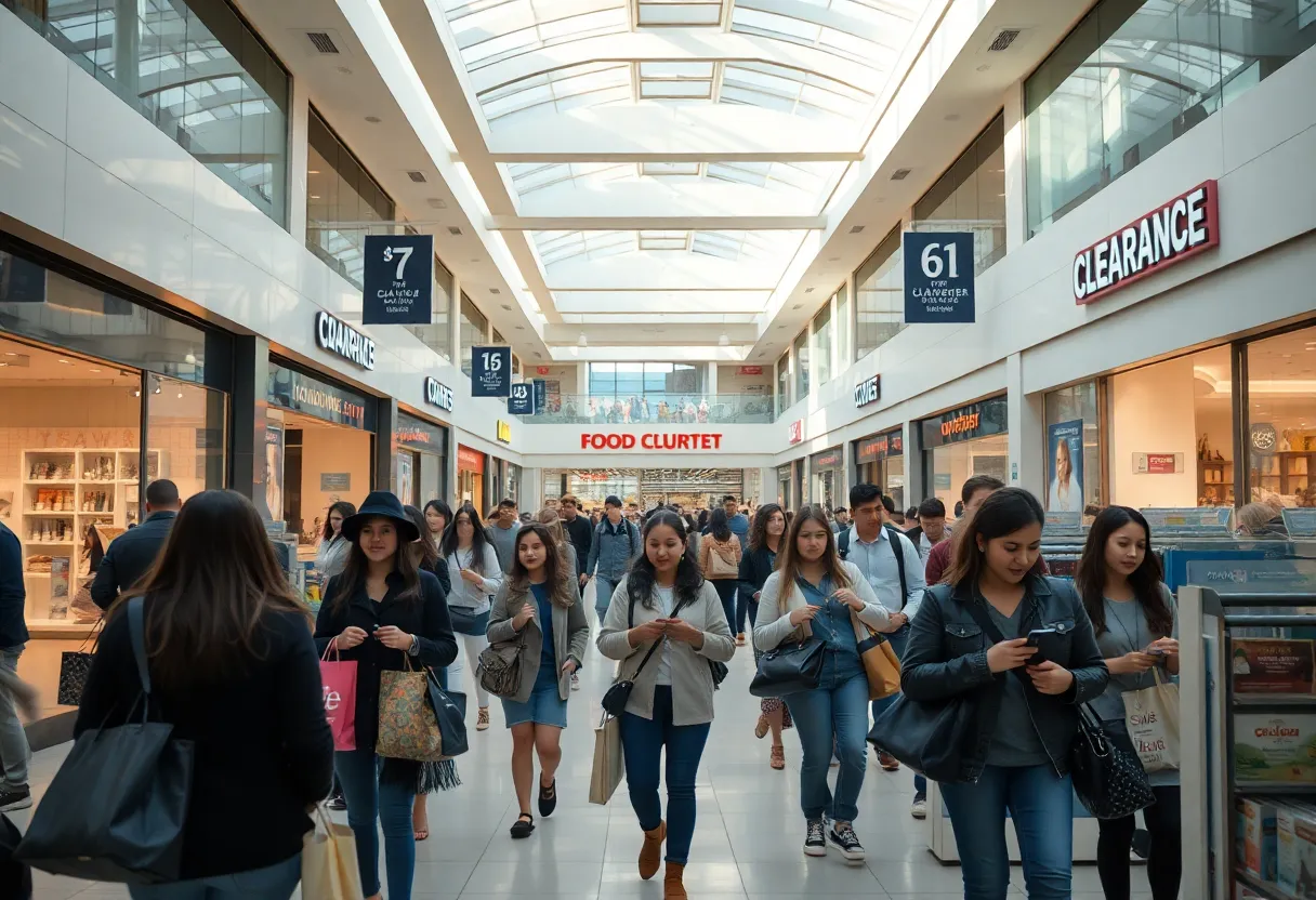 Interior view of a bustling shopping mall with shoppers browsing clearance racks and storefronts