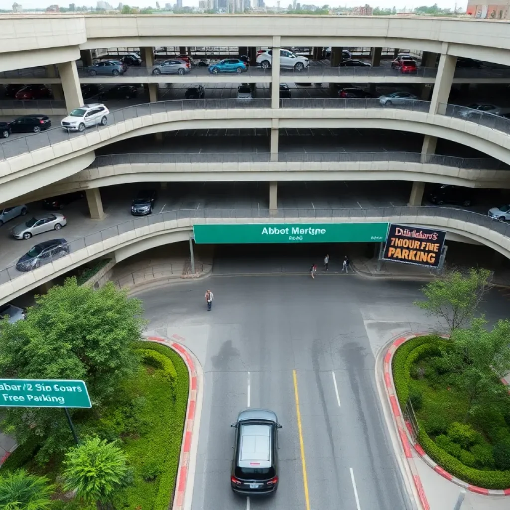 Multi-level parking garage at The Mall at Green Hills with cars on upper levels and vehicles entering from the main road