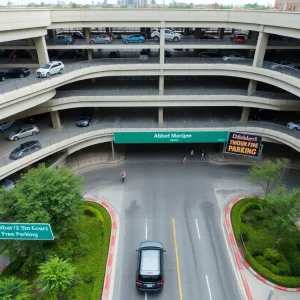 Multi-level parking garage at The Mall at Green Hills with cars on upper levels and vehicles entering from the main road